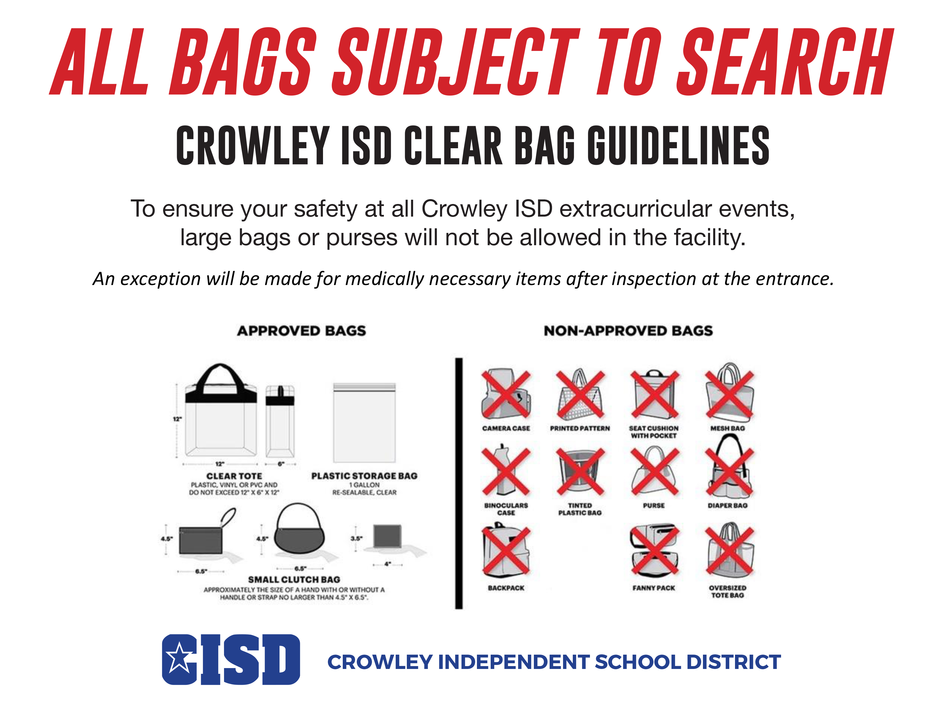 Crowley ISD Clear Bag Guidelines - All Bags Subject To Search
